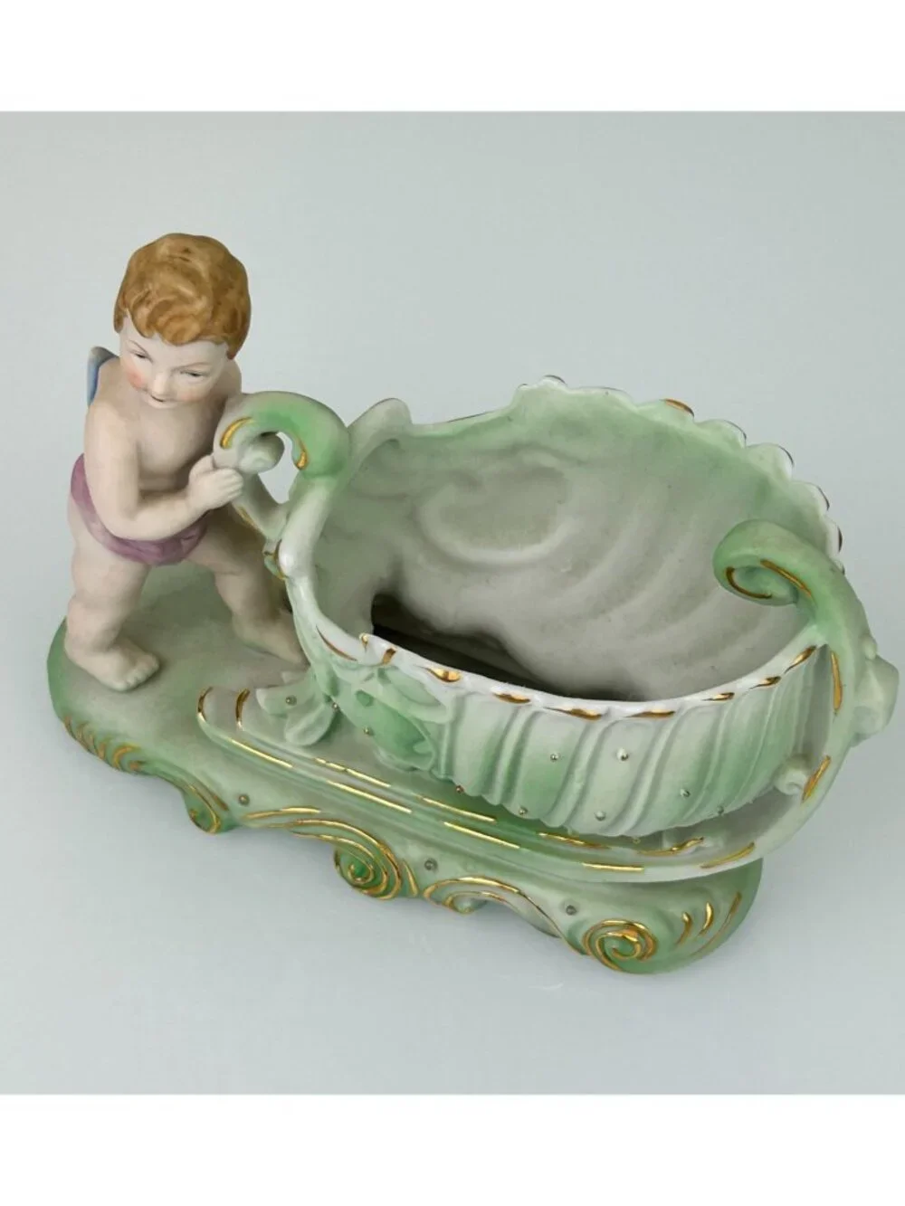 Occupied Japan Andrea Sadek Bisque Cherub Angel Sleigh Planter VTG Gift 1940s